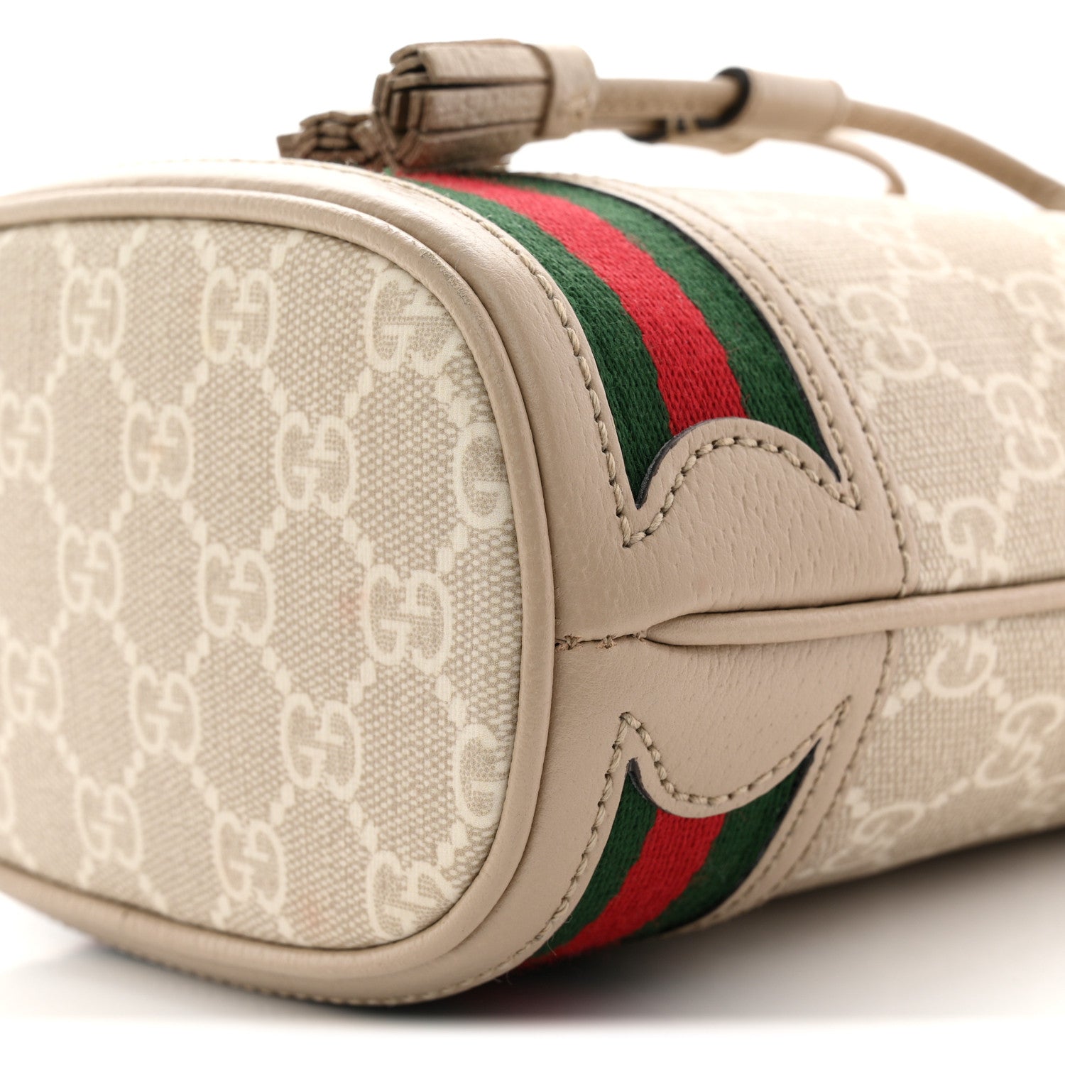 Gucci GG Supreme Monogram Textured Calfskin Web Mini Ophidia Bucket Bag Beige Ebony Mystic White Oatmeal 10 of 14