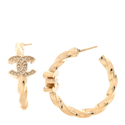 Chanel Metal Crystal Twist CC Hoop Earrings Gold 1 of 5