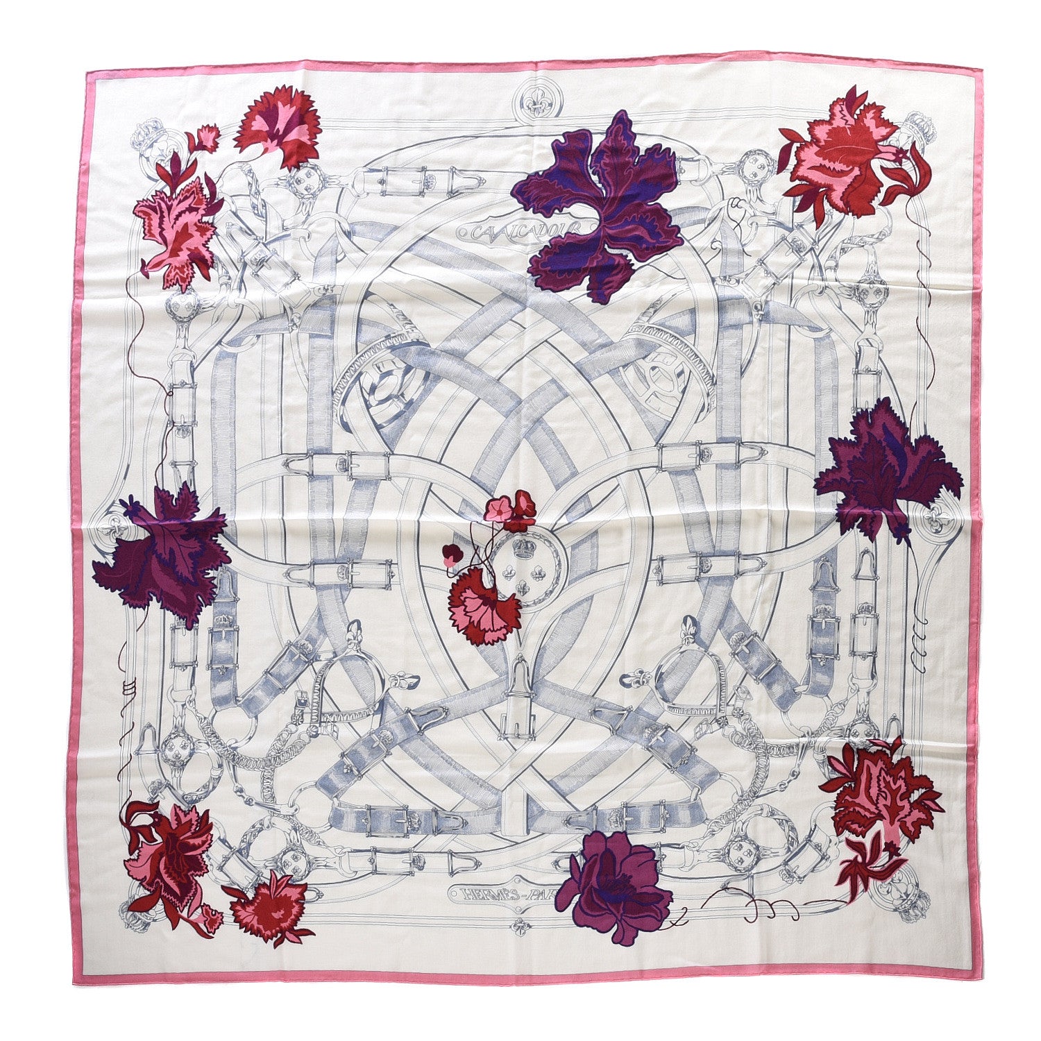 Hermes Cashmere Silk Cavalcadour Shawl 140 Blanc Violet Rose 1 of 3