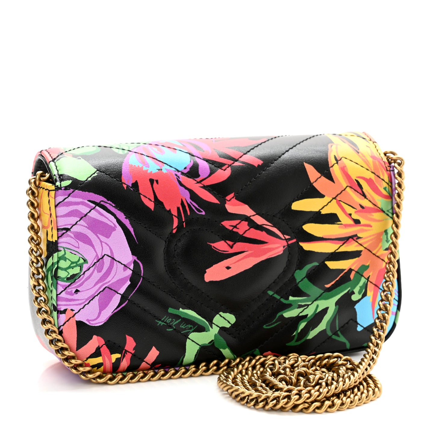 X KEN SCOTT Calfskin Matelasse Floral Print Super Mini GG Marmont Shoulder Bag Black
