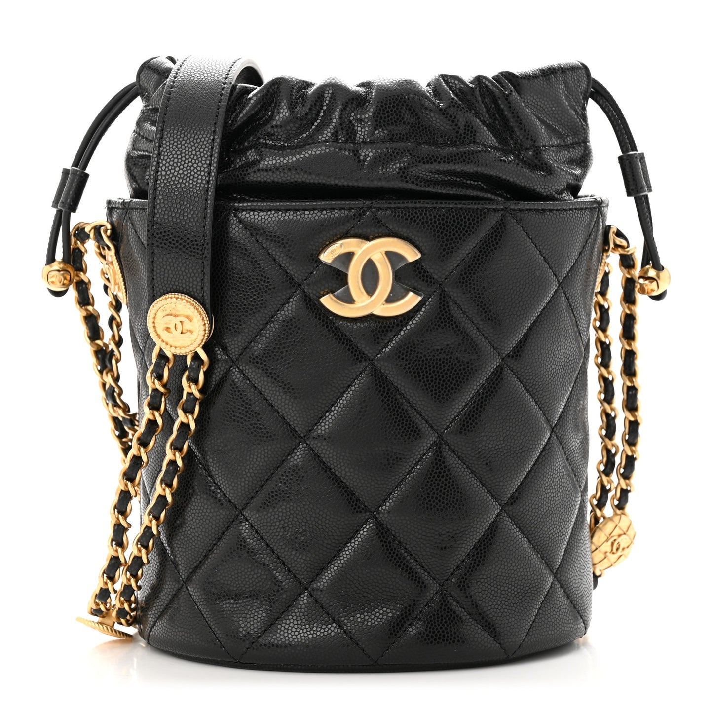 Caviar Quilted Twist Your Buttons Bucket Bag Black