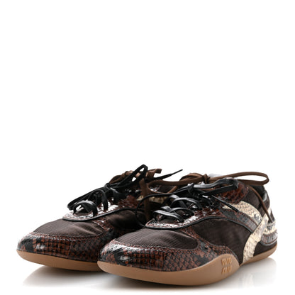 Miu Miu Technical Fabric Calfskin Snakeskin Effect Gymnasium Sneakers 38 Moro Tobacco 4 of 9