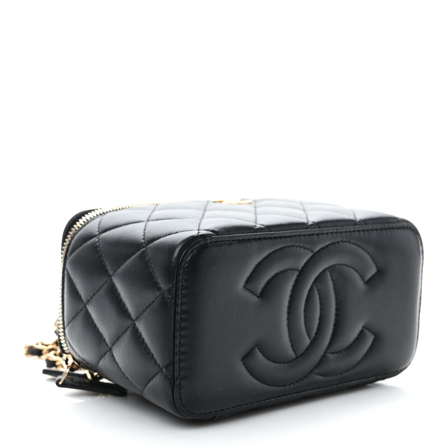 Lambskin Quilted Metal Small Top Handle Vanity Case With Chain Black