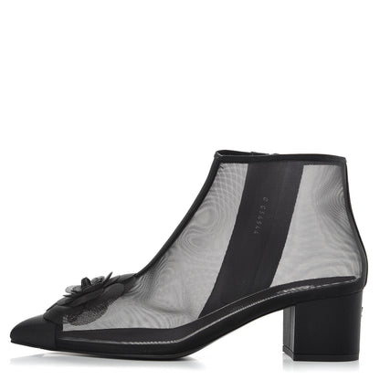 Chanel Mesh Grosgrain Camellia Short Boots 37 Black 1 of 8
