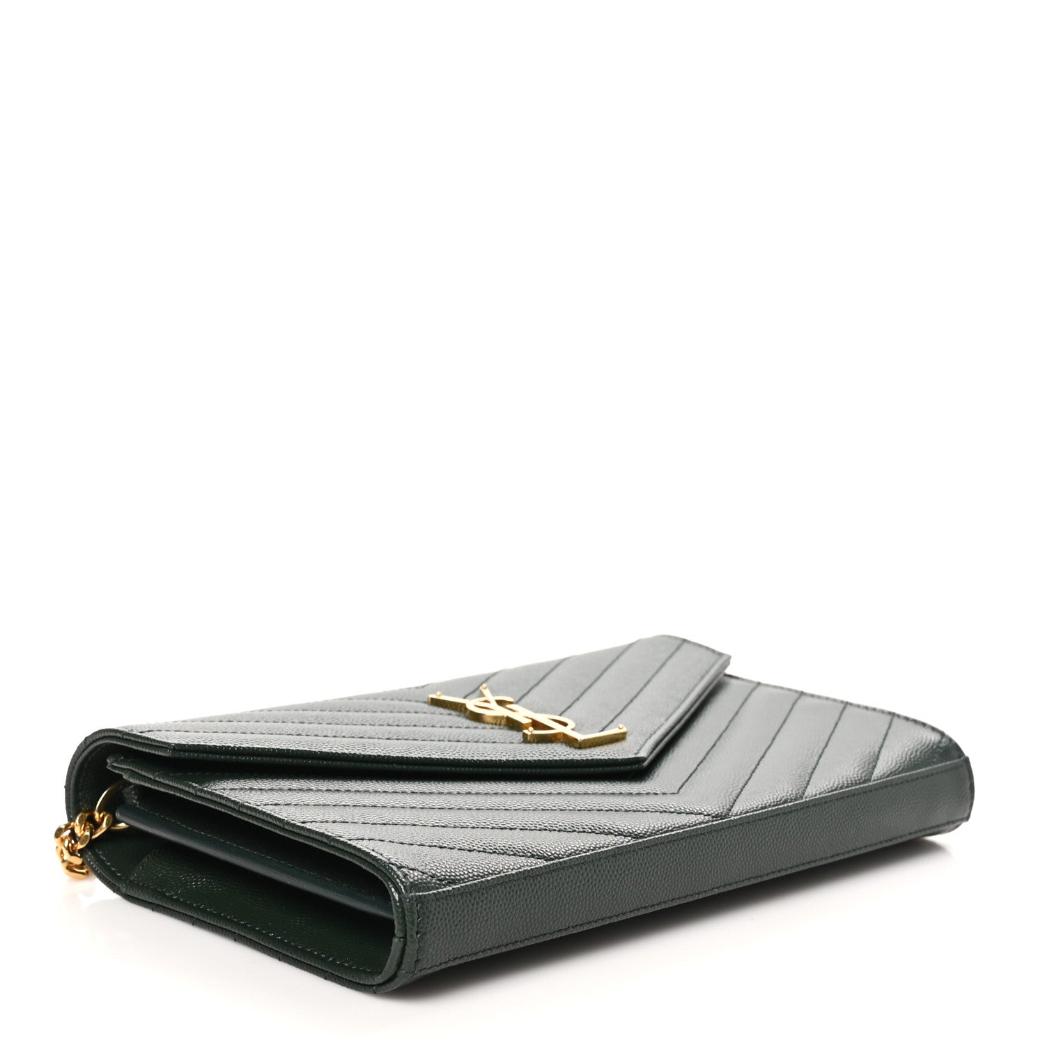 Saint Laurent Grain De Poudre Matelasse Chevron Monogram Chain Wallet Vert Fonce 4 of 11