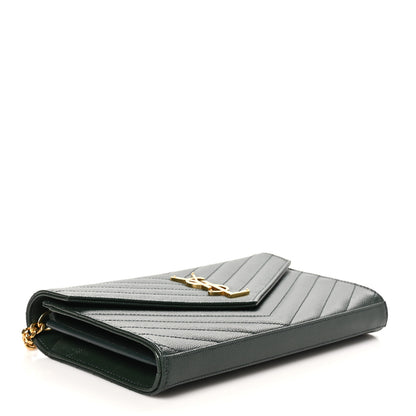 Saint Laurent Grain De Poudre Matelasse Chevron Monogram Chain Wallet Vert Fonce 4 of 11