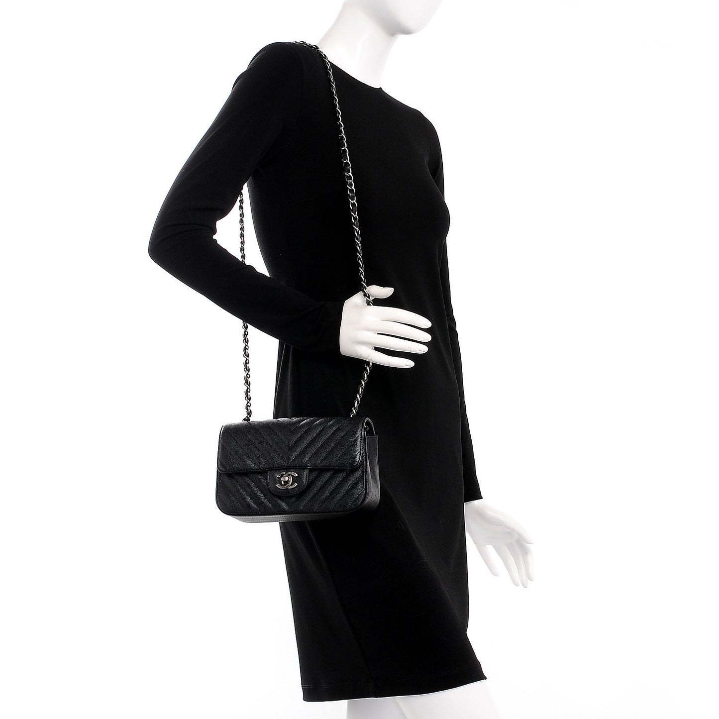 Metallic Caviar Chevron Quilted Mini Rectangular Flap Black