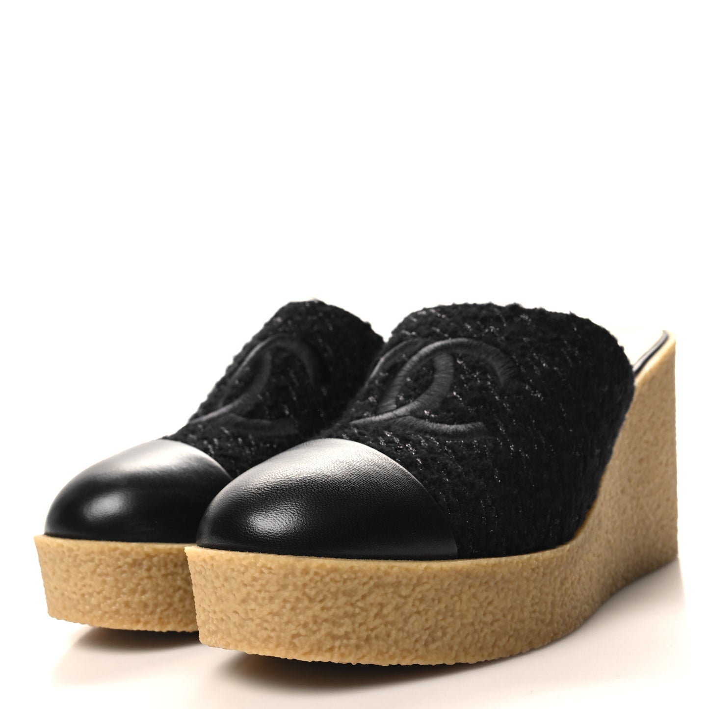 Iridescent Wool Tweed Lambskin CC Mules 41 Black