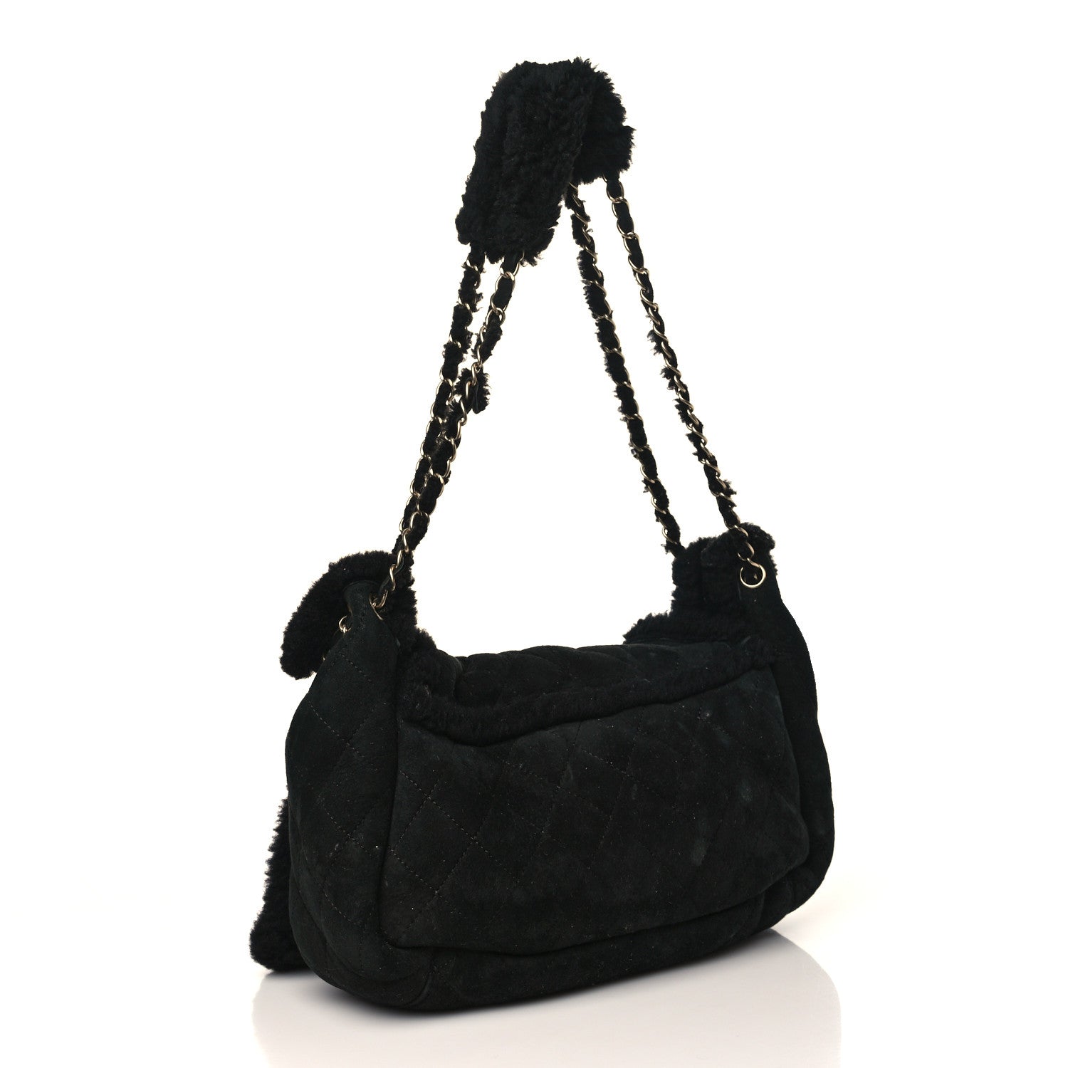 Chanel Shearling Suede Quilted Fur Flap Black 2 of 12