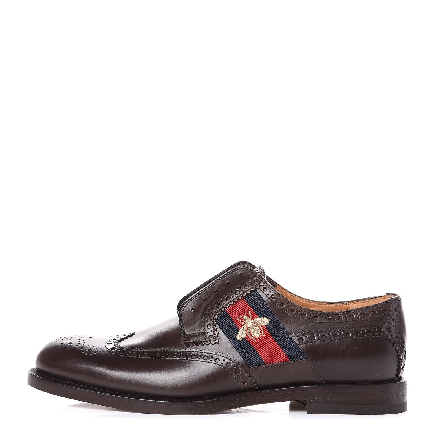 Gucci Calfskin Web Bee Embroidered Mens Slip-On Brogue Wingtip Derby Shoes 7.5 Cocoa 1 of 11