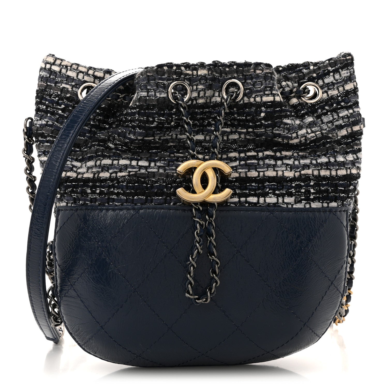 Chanel Tweed Calfskin Quilted Small Gabrielle Bucket Blue Multicolor 1 of 12