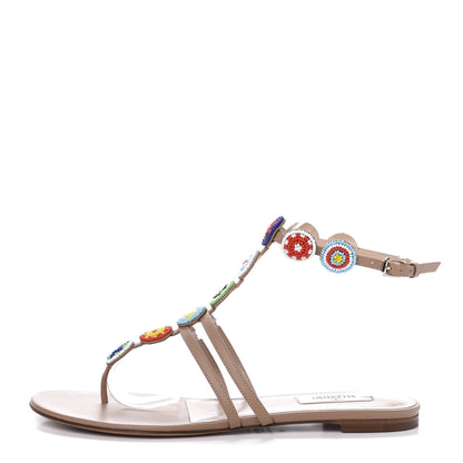 Valentino Garavani Nappa Beaded Medallion Ankle Wrap Flat Thong Sandals 39 Skin Sorbet 1 of 8