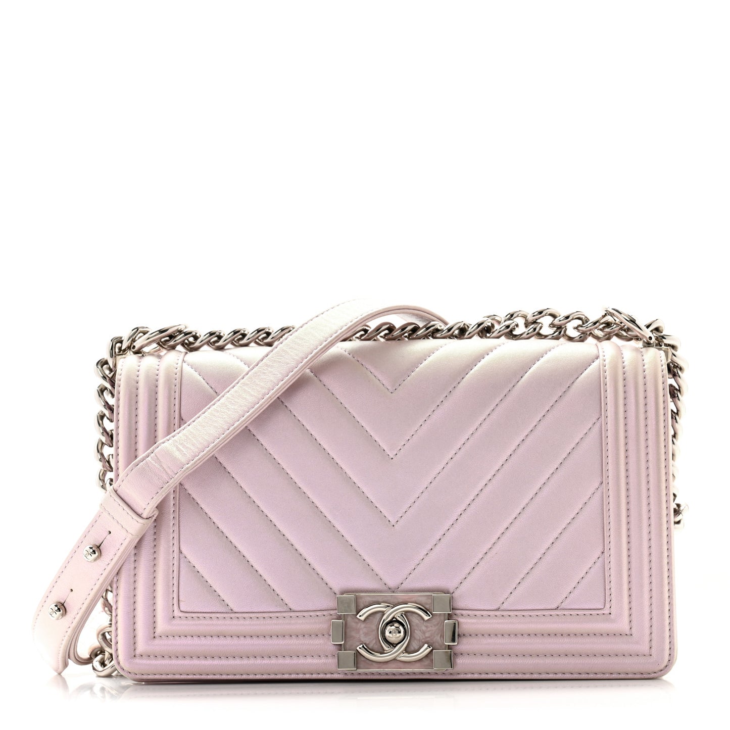 Metallic Lambskin Chevron Quilted Medium Boy Flap Purple