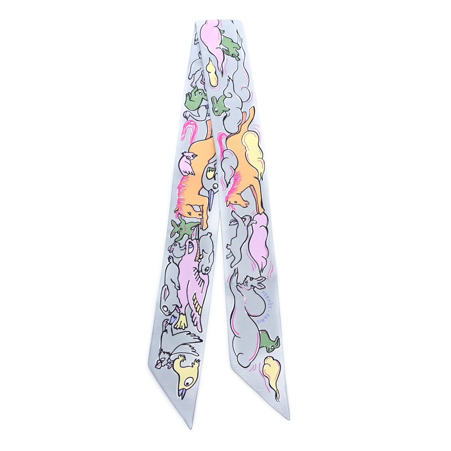 Hermes Silk Mille Et Un Lapins Twilly Gris Perle Rose Jaune 2 of 3