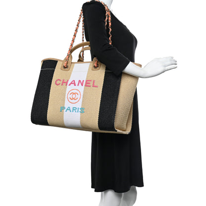 Chanel Straw Raffia Calfskin Striped Medium Deauville Tote Black Beige Ivory 2 of 11