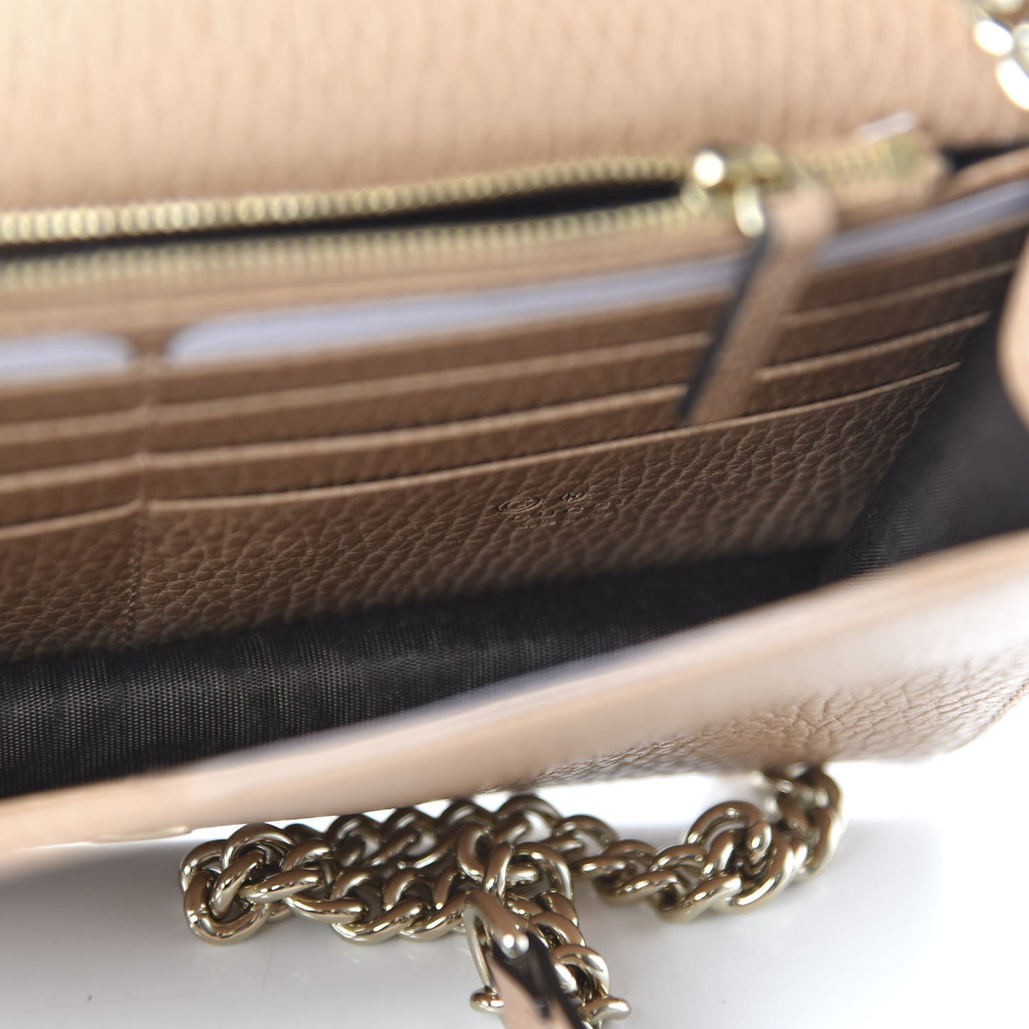 Dollar Calfskin Interlocking G Chain Wallet Camelia