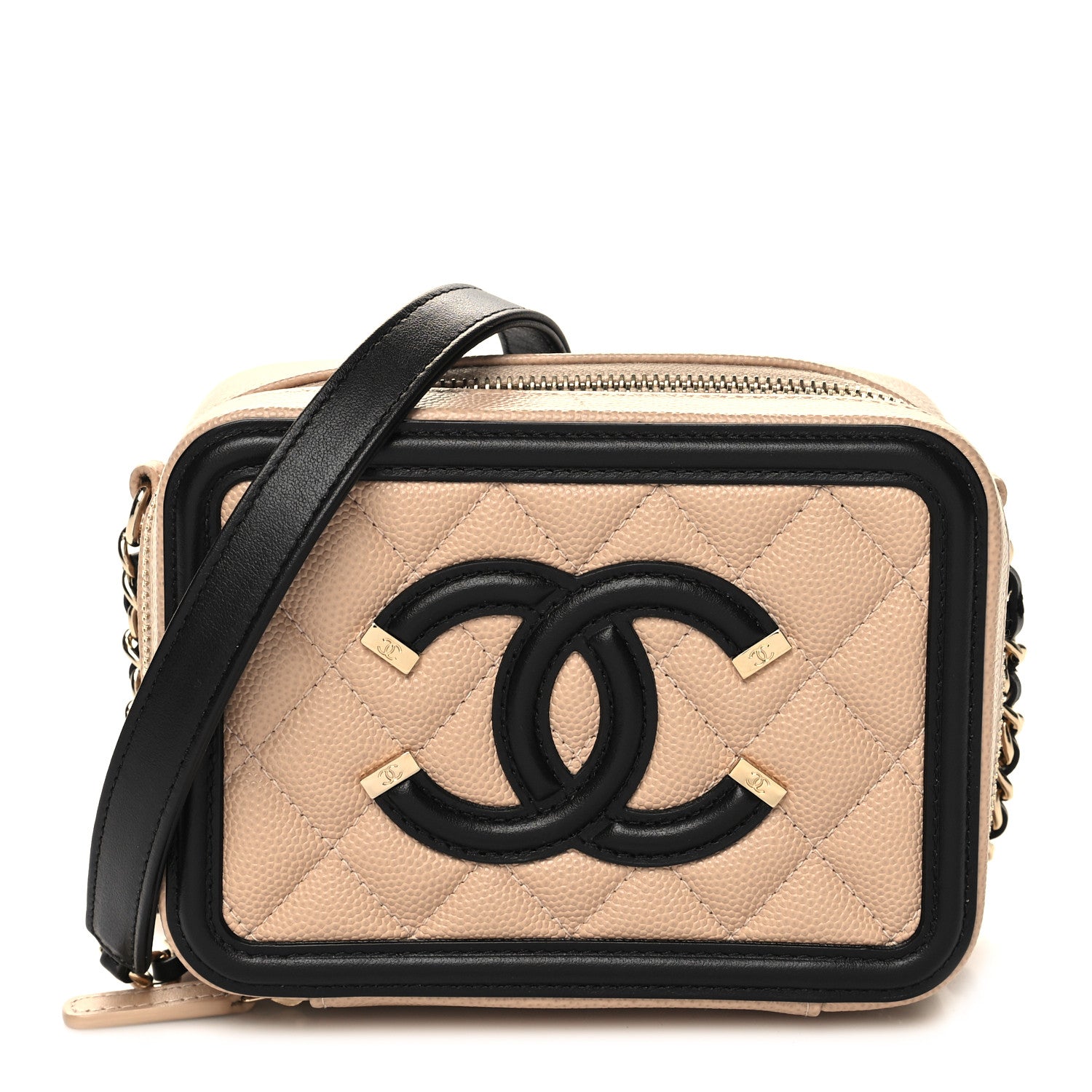 Chanel Caviar Quilted CC Filigree Vanity Clutch With Chain Beige Black 2 of 10