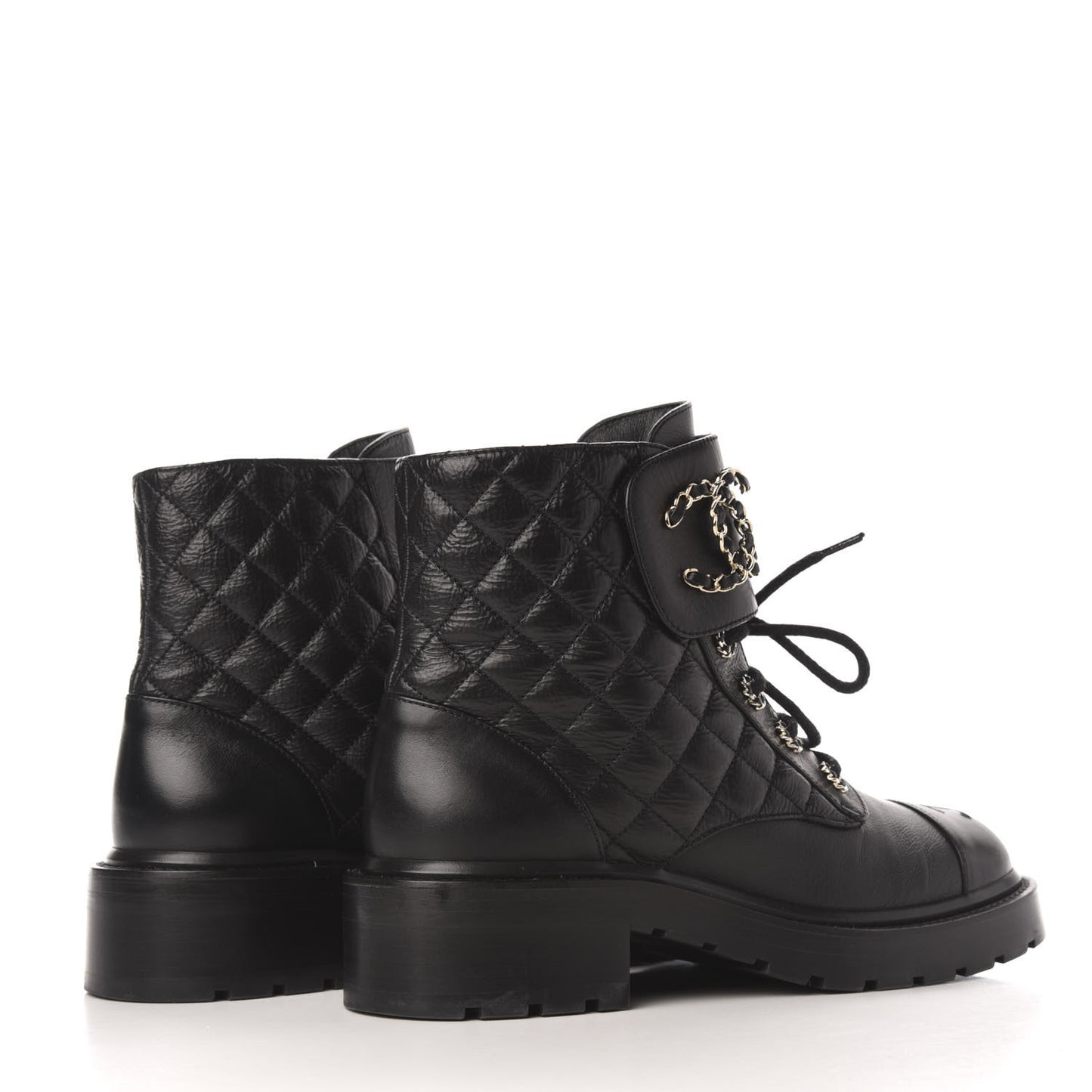 Shiny Goatskin Calfskin Quilted Lace Up Combat Boots 39 Black