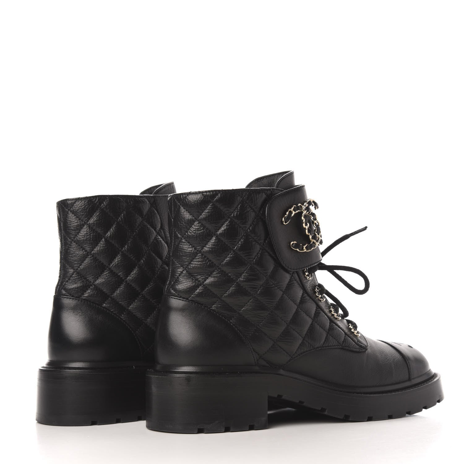 Chanel Shiny Goatskin Calfskin Quilted Lace Up Combat Boots 39 Black 4 of 9
