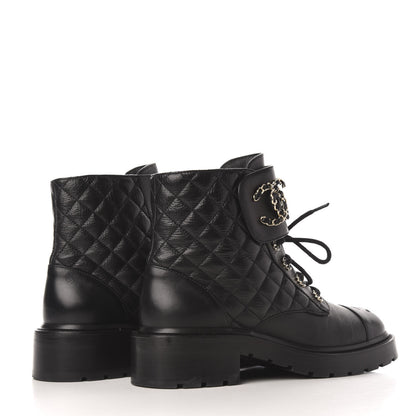 Chanel Shiny Goatskin Calfskin Quilted Lace Up Combat Boots 39 Black 4 of 9