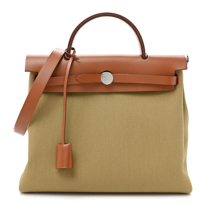 Hermes Military Toile Vache Hunter Herbag Zip Retourne 31 PM Poussiere Fauve 1 of 11