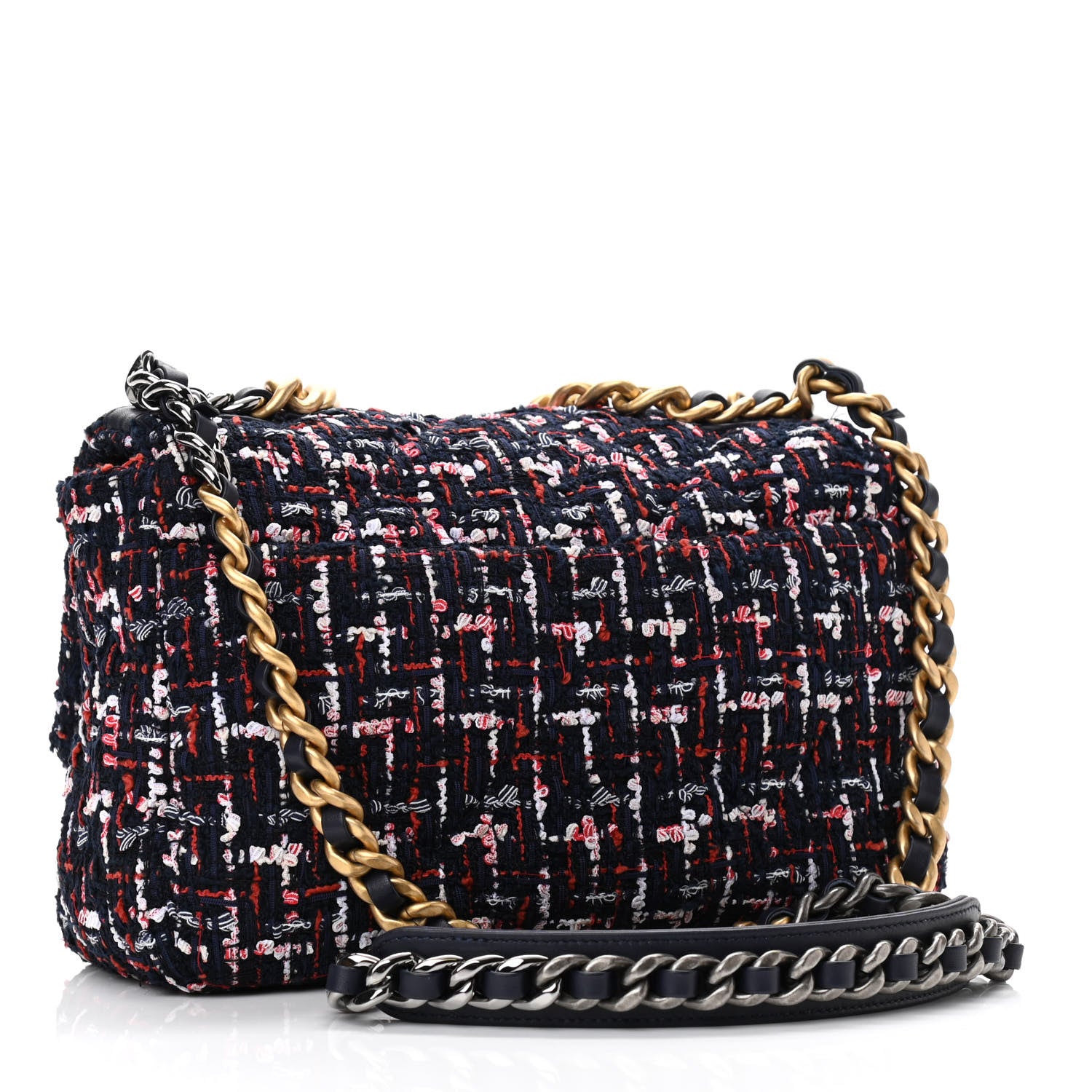 Chanel Tweed Quilted Medium Chanel 19 Flap Navy Blue White Red 3 of 11
