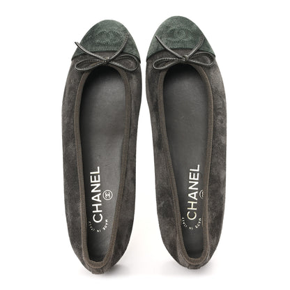 Chanel Suede Calfskin Cap Toe CC Ballerina Flats 38.5 Dark Khaki Dark Green 2 of 9