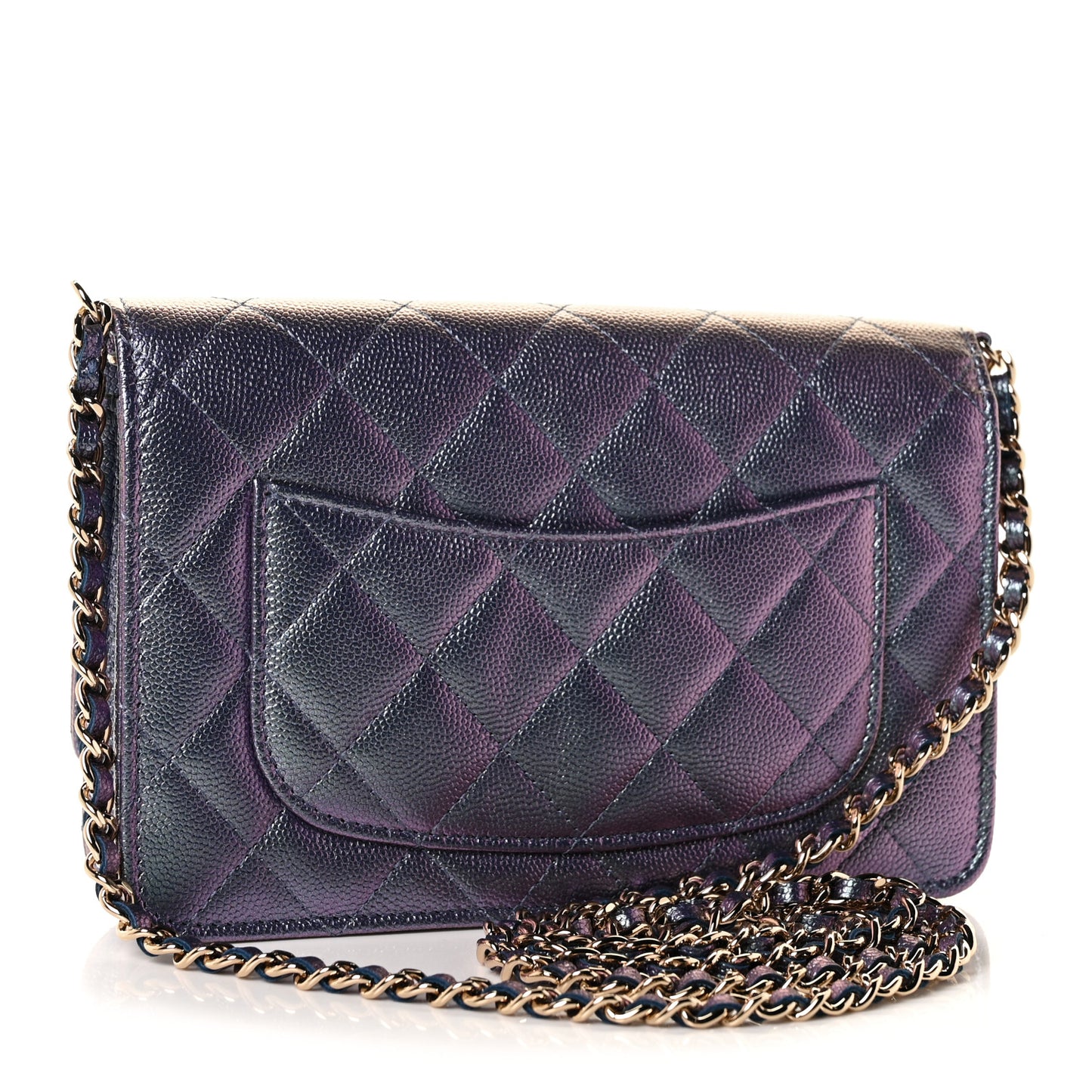 Iridescent Caviar Quilted Wallet On Chain WOC Dark Blue
