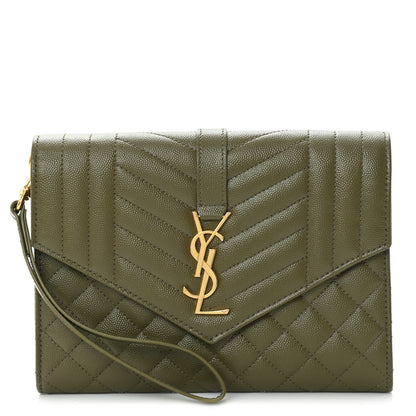 Saint Laurent Grain De Poudre Textured Mixed Matelasse Triquilt Monogram Clutch Vert Kaki 1 of 10