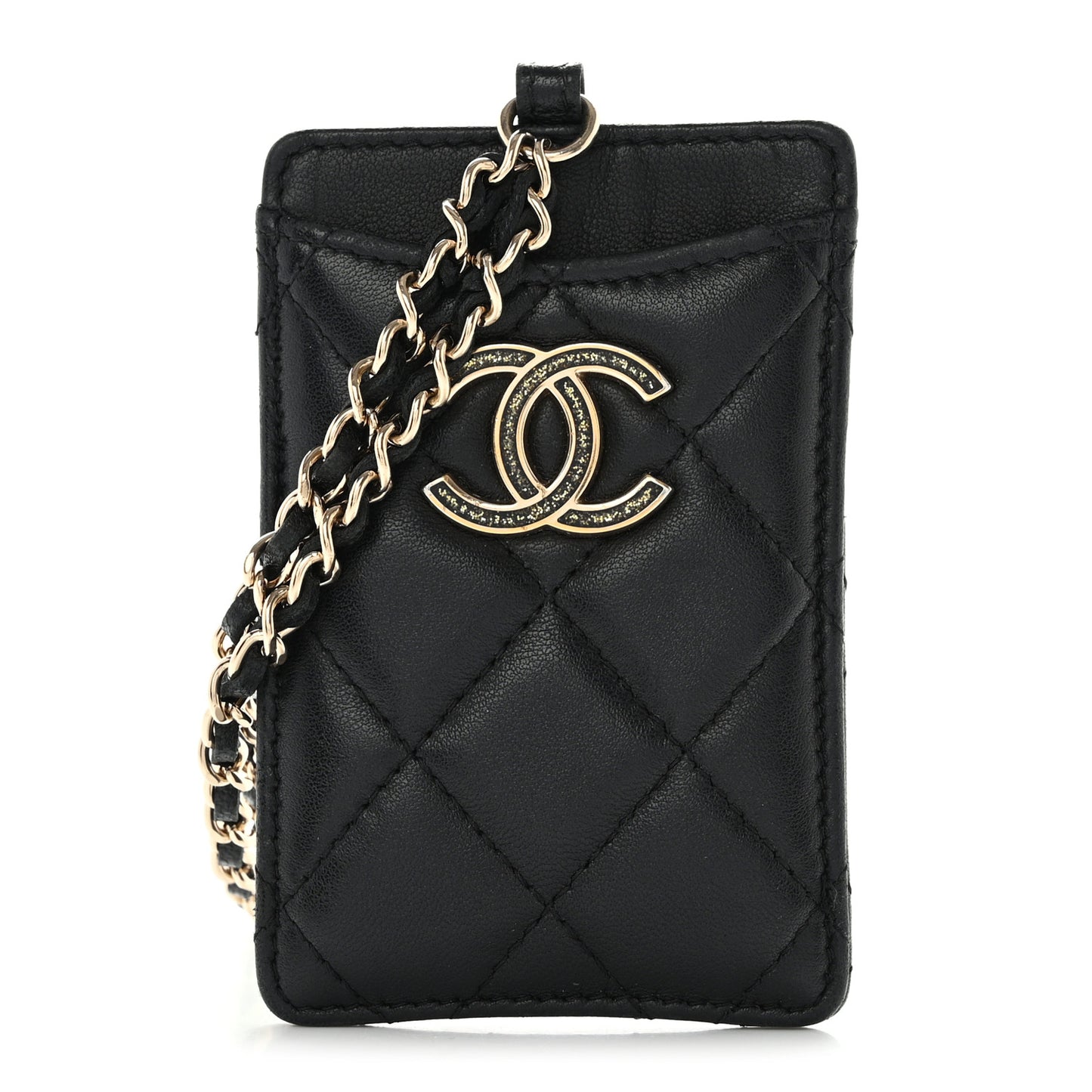 Lambskin Quilted Glitter Card Holder On Chain Black