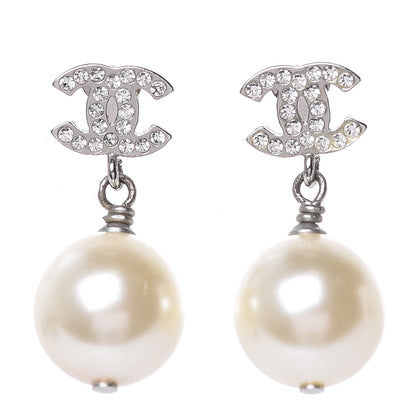 Chanel Crystal Pearl CC Drop Earrings Silver 1 of 5