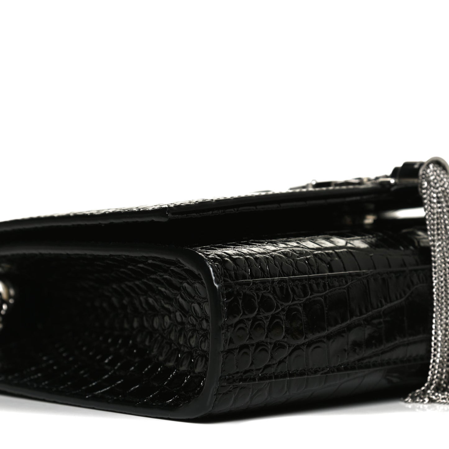 Calfskin Crocodile Embossed Small Classic Monogram Kate Tassel Satchel Black