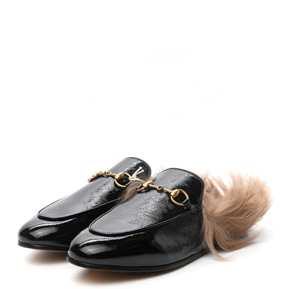Gucci Patent Fur Womens Princetown Slippers 37 Black Natural 3 of 7