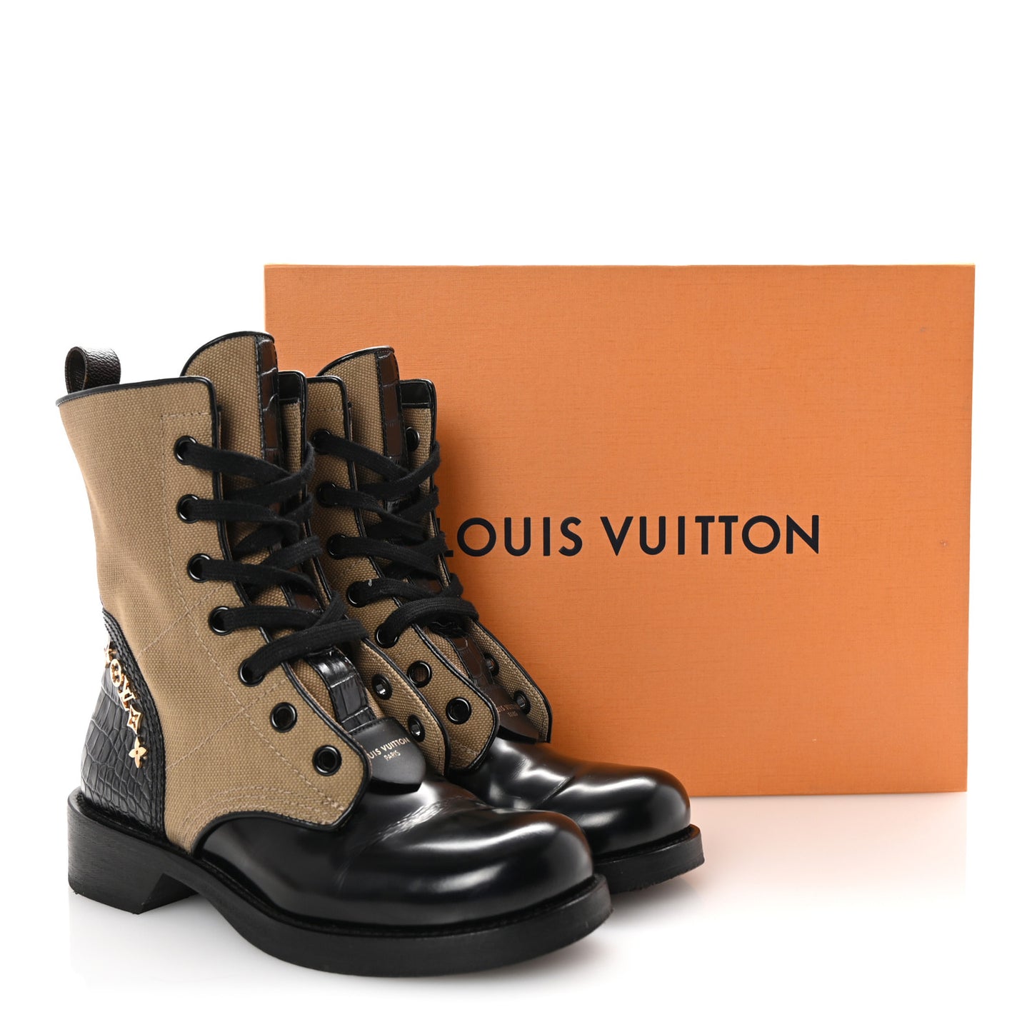 Canvas Calfskin Crocodile Embossed Metropolis Flat Ranger Boots 37 Kaki