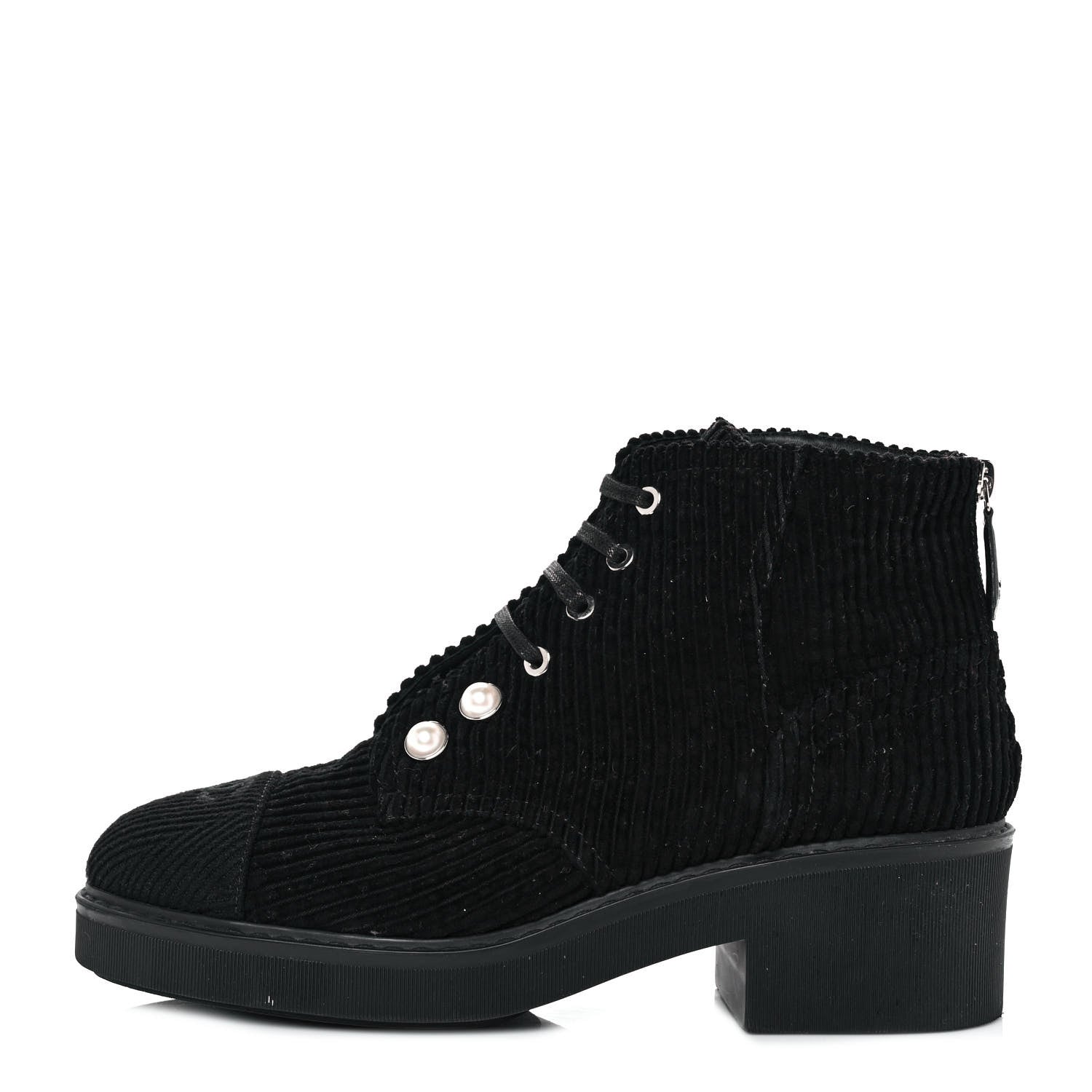 Chanel Corduroy Pearl Combat Short Boots 41.5 Black 1 of 7