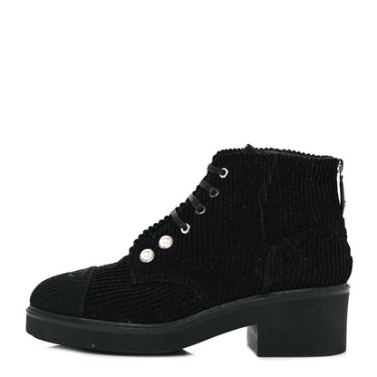 Chanel Corduroy Pearl Combat Short Boots 41.5 Black 1 of 7