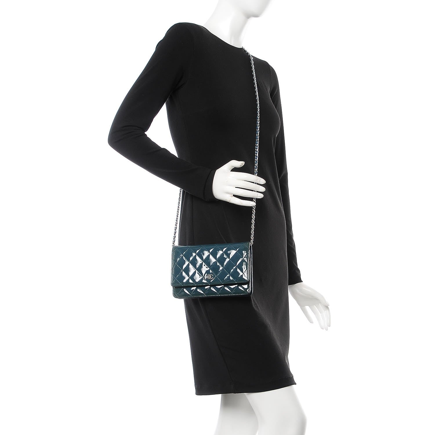 Chanel Patent Quilted Wallet On Chain WOC Turquoise 2 of 9