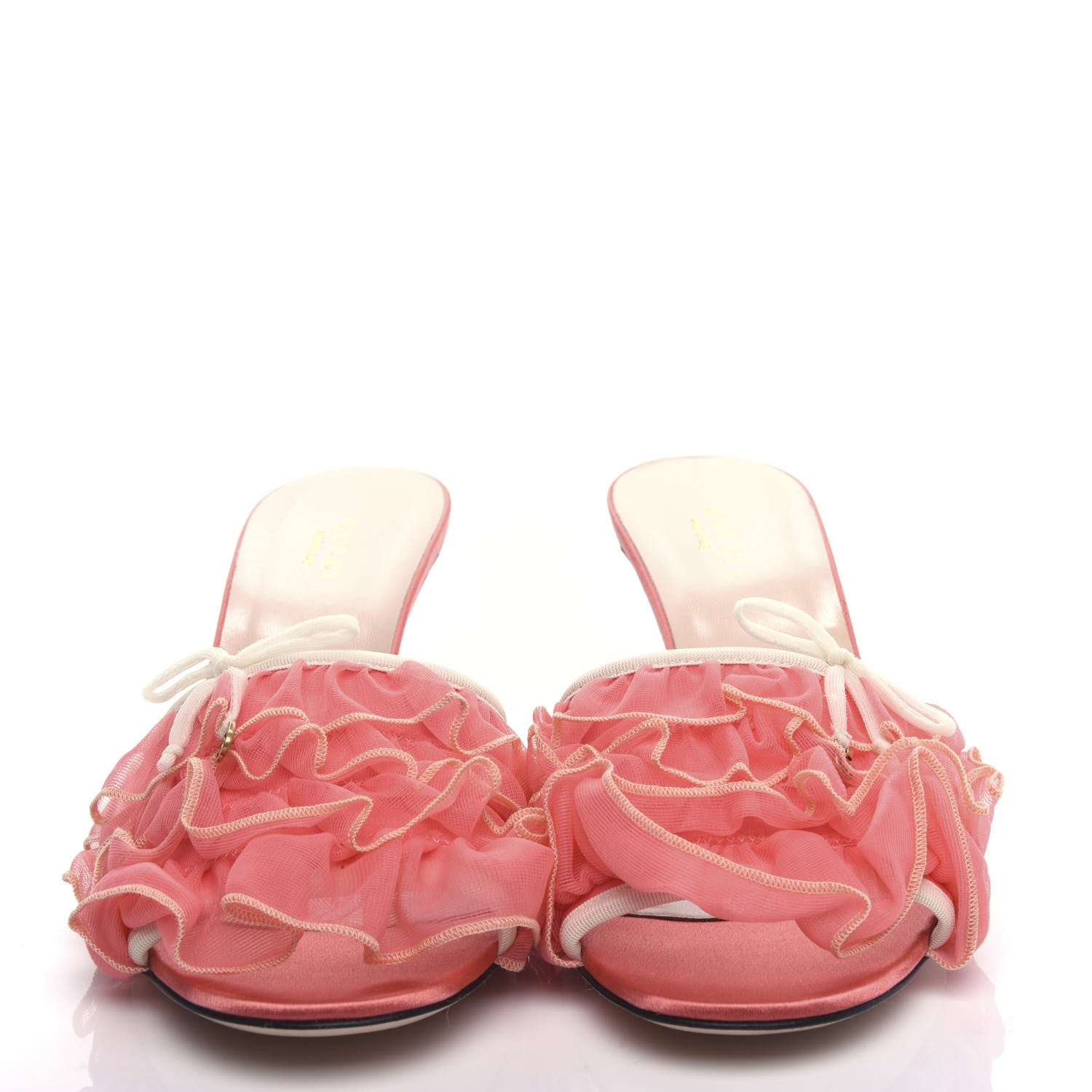 Gucci Tulle Ruffle Low Heel Slide Sandals 40.5 Peach White 2 of 10