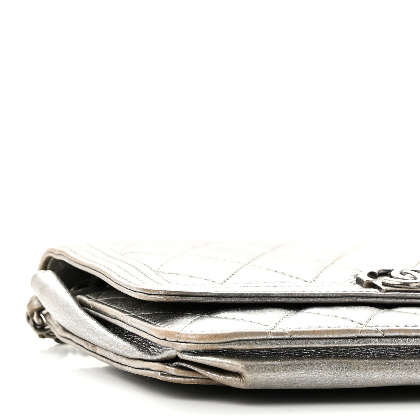 Metallic Calfskin Quilted Boy Wallet On Chain WOC Silver