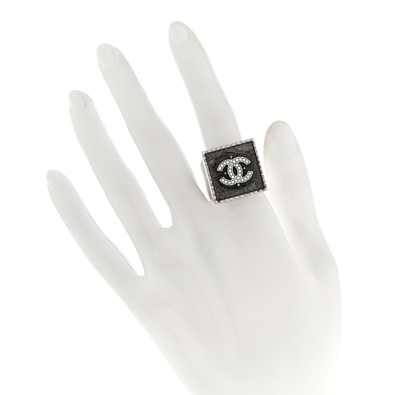 Chanel Metal Crystal CC Ring 55 7.25 Black Silver 2 of 4