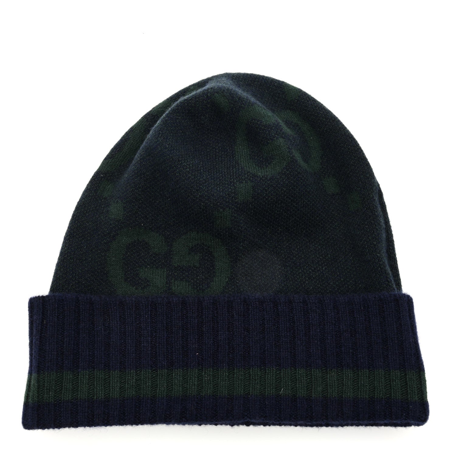 Gucci Cashmere Jacquard Monogram Jumbo GG Canvy Hat Beanie Hat M Navy Green 3 of 5