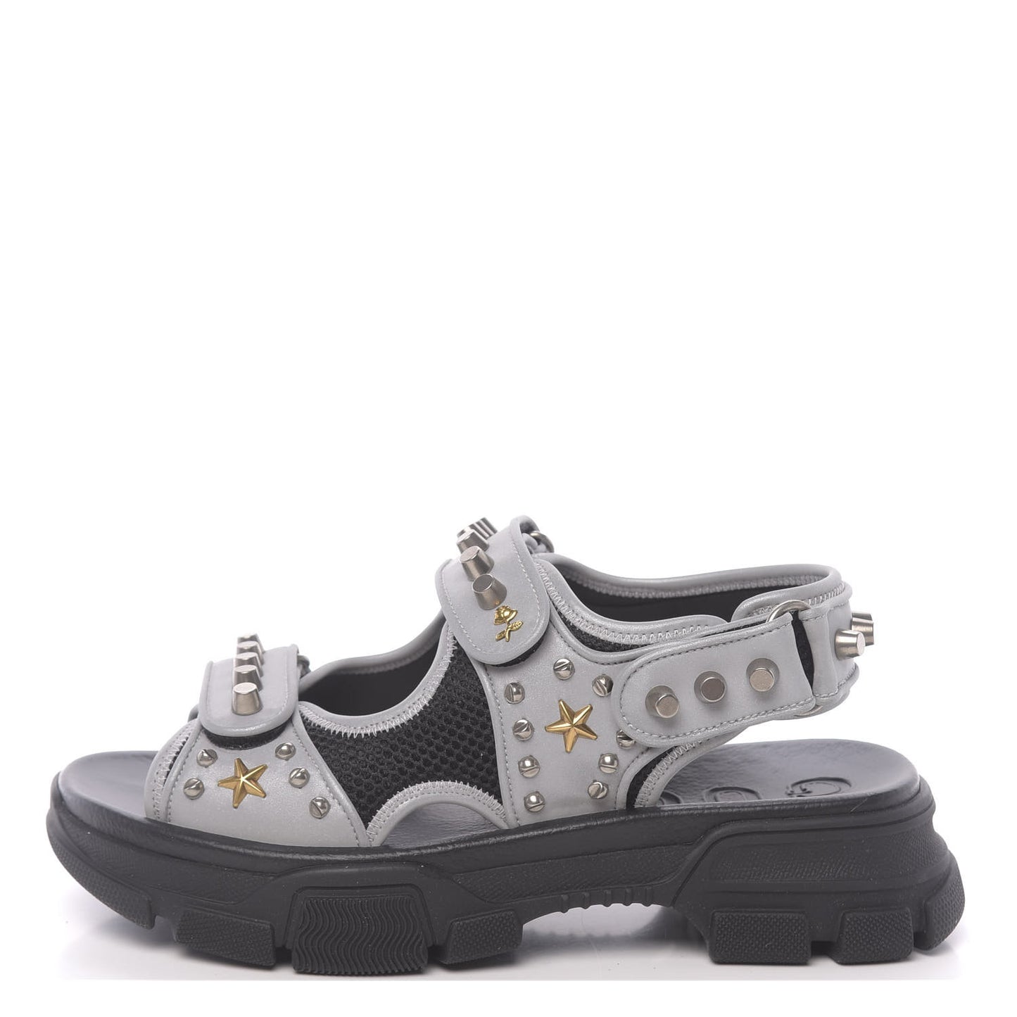 Technical Canvas Calfskin Reflective Studded Mens Aguru Sandals 6.5 Silver Black