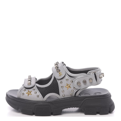 Gucci Technical Canvas Calfskin Reflective Studded Mens Aguru Sandals 6.5 Silver Black 1 of 7