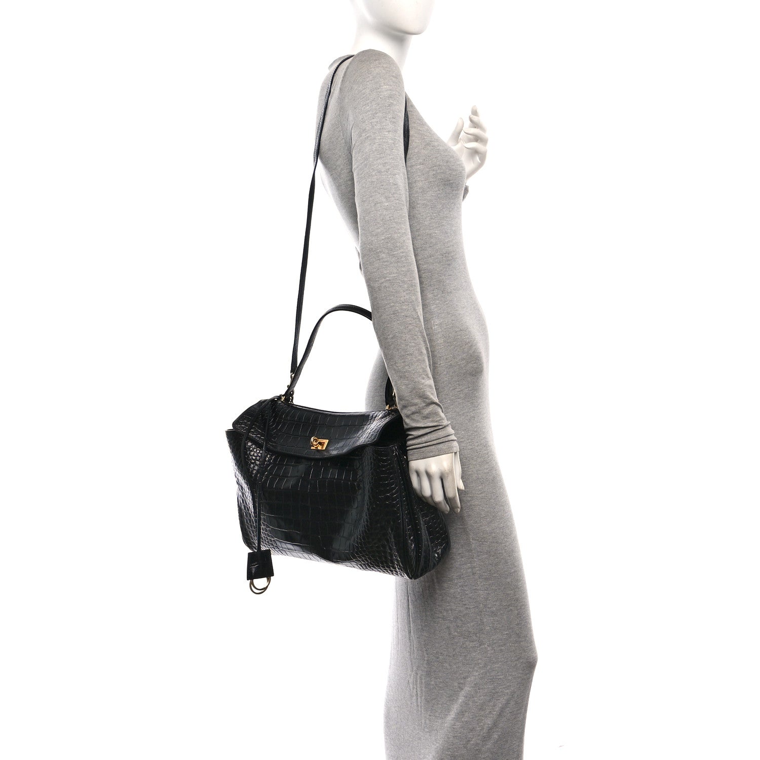 Balenciaga Shiny Calfskin Crocodile Embossed Medium Rodeo Top Handle Handbag Black 2 of 10