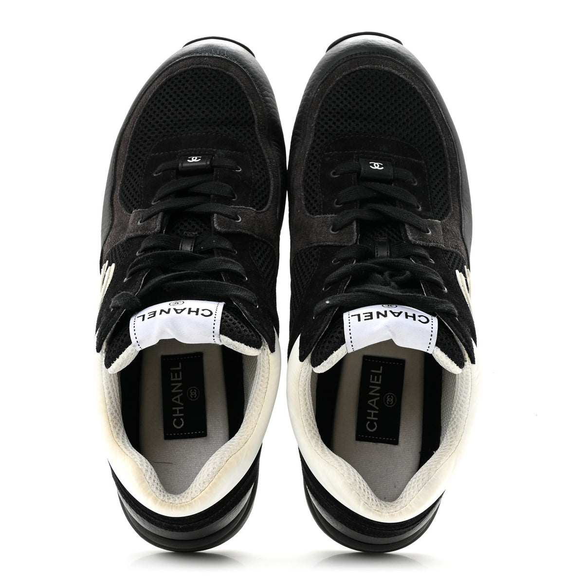 Chanel Mesh Suede Calfskin Grained Calfskin Mens CC Sneakers 44 Black White 2 of 11
