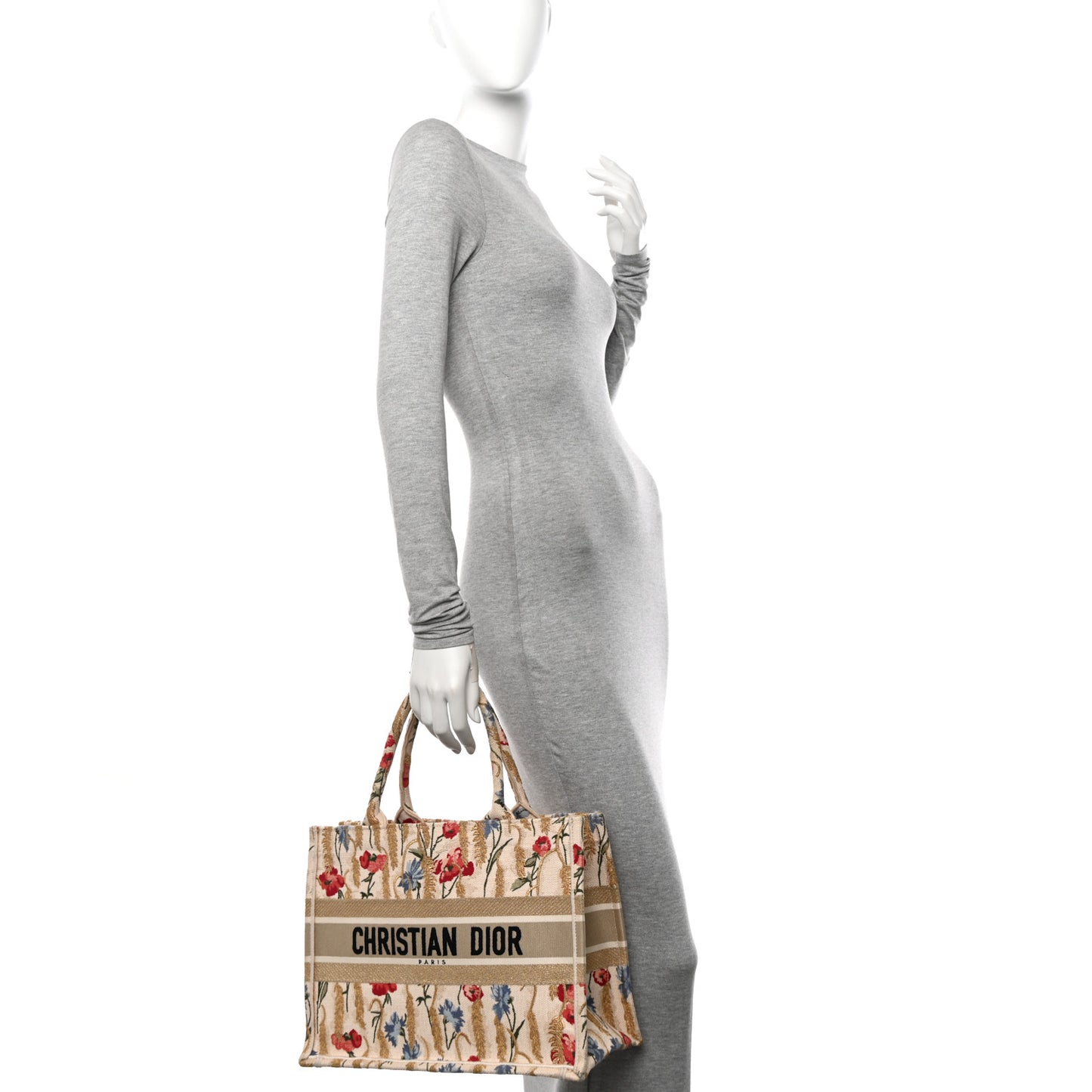 Canvas Embroidered Medium Hibiscus Book Tote Beige Multicolor