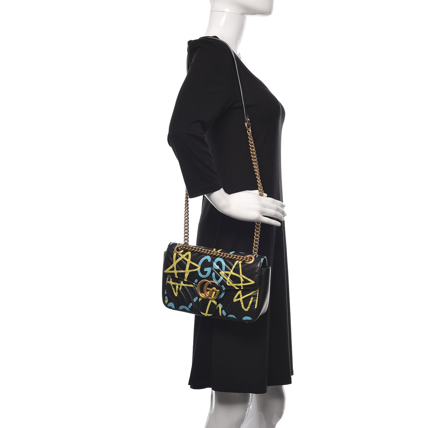 Calfskin Matelasse GucciGhost Small GG Marmont Shoulder Bag Black New Acquamarine