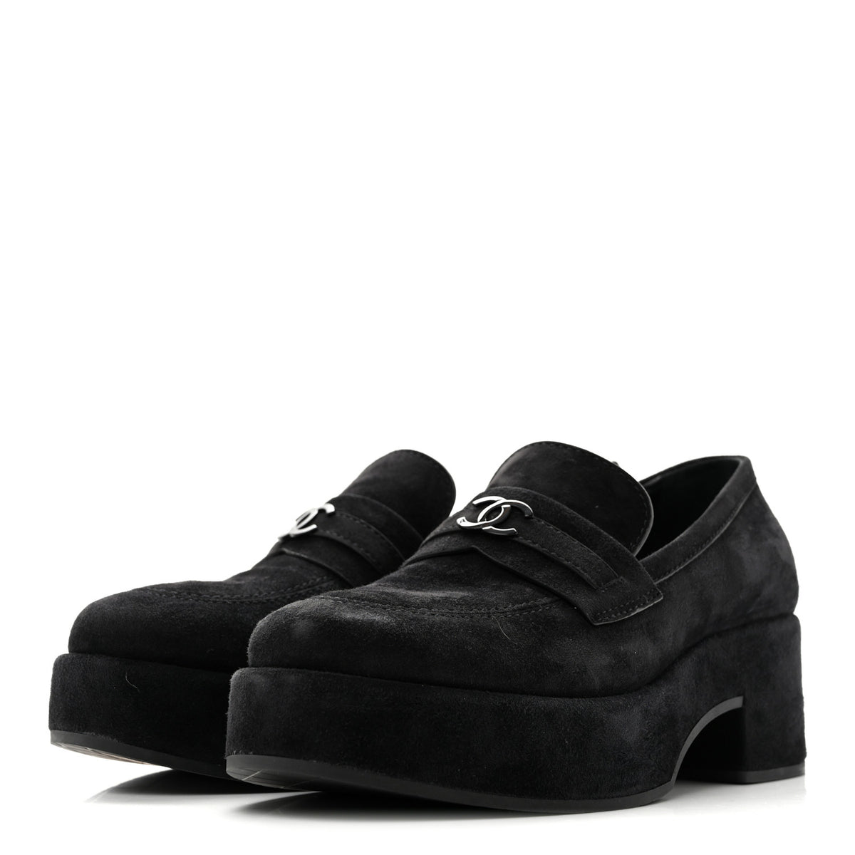 Chanel Suede Kidskin CC Platform Loafers 40 Black 4 of 10