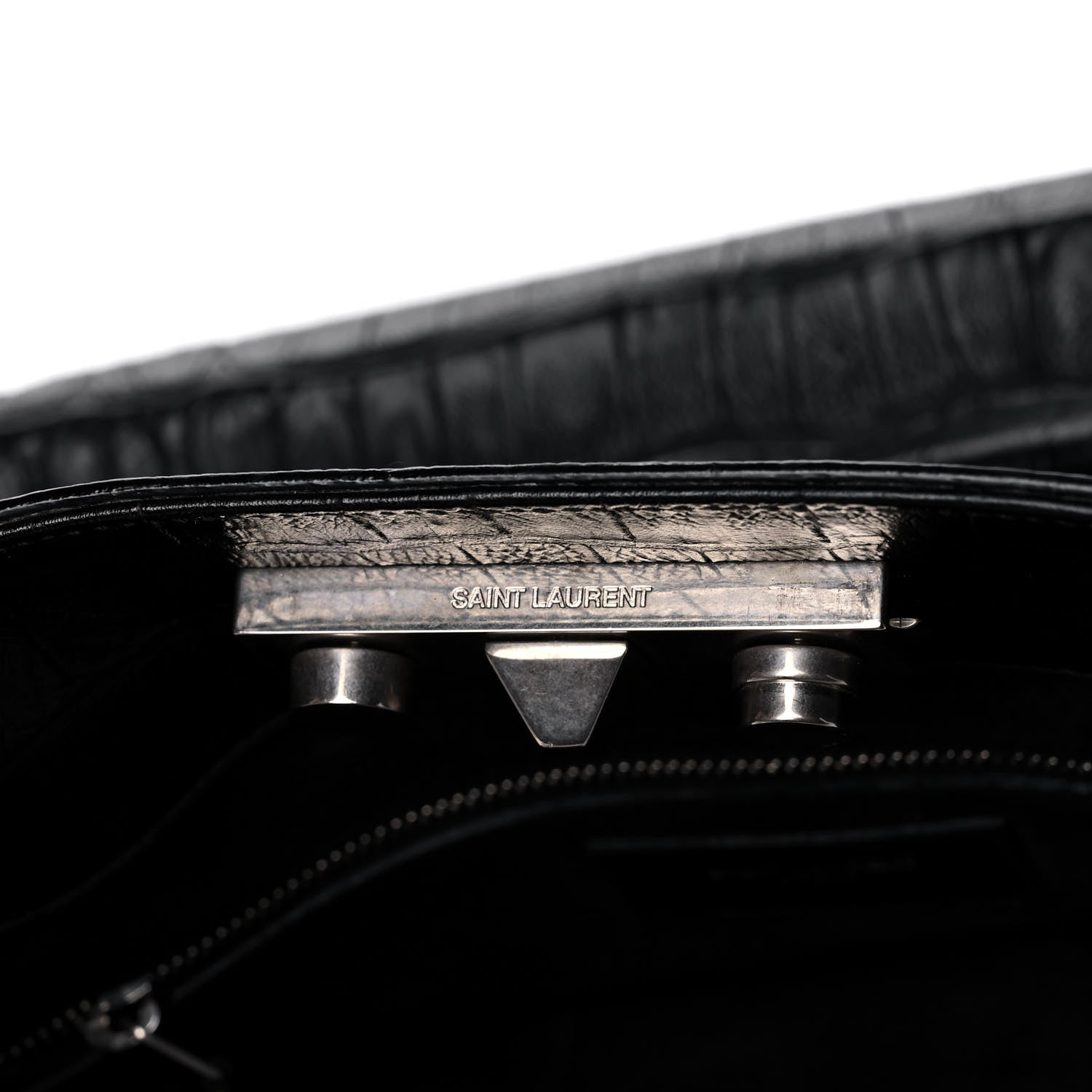 Saint Laurent Calfskin Crocodile Embossed Medium Trois Class Tote Black 9 of 17