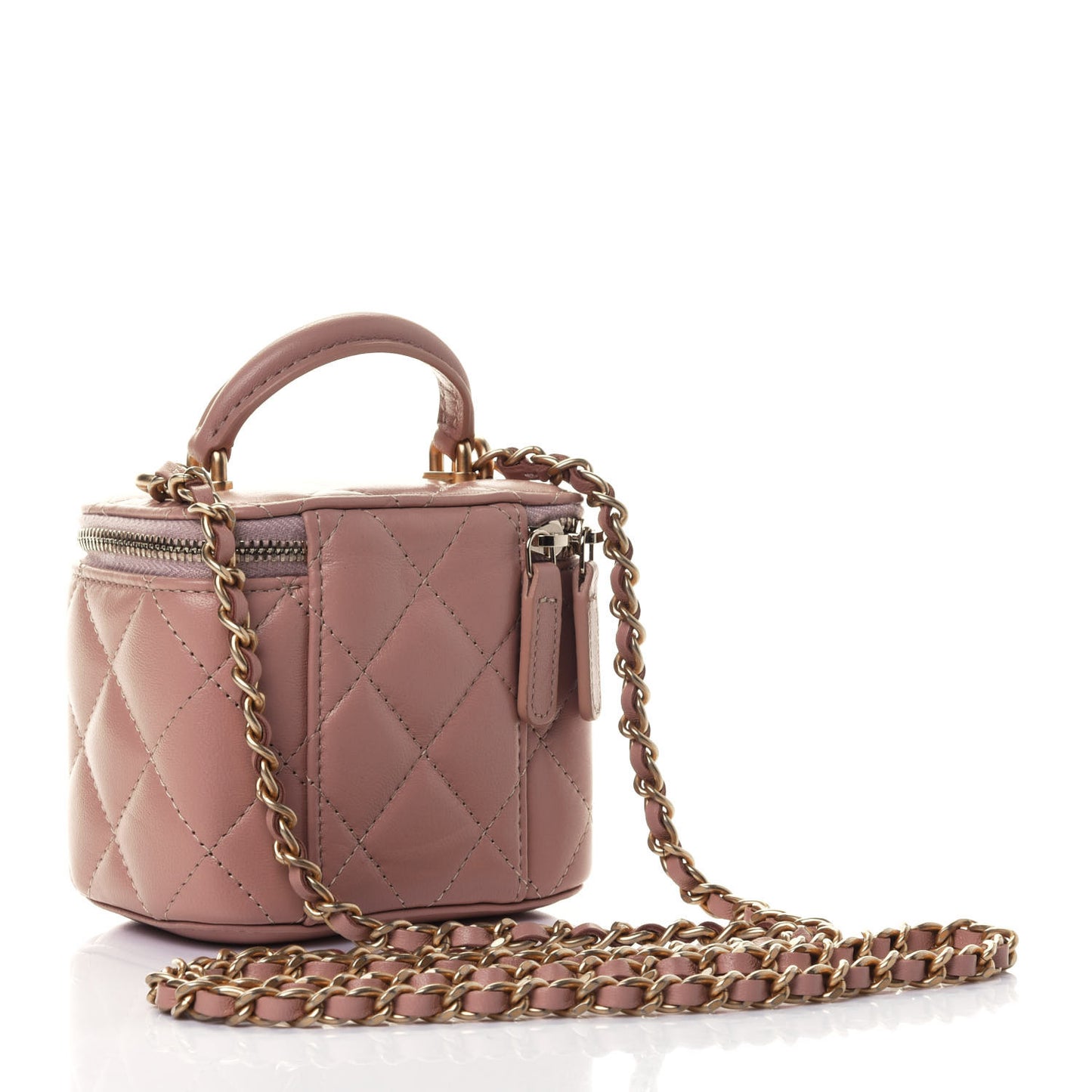 Lambskin Quilted Top Handle Mini Vanity Case With Chain Beige